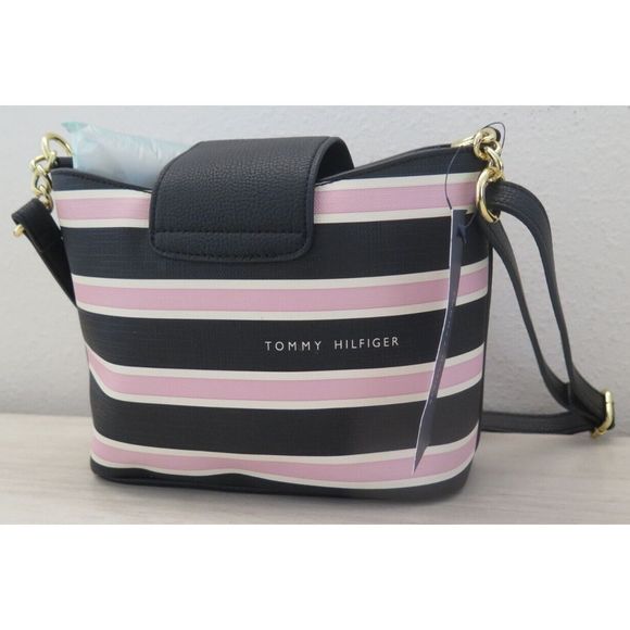 Tommy Hilfiger 69J5583 001 Pink/Black Striped PU Leather Crossbody Bag $108 - Picture 5 of 11